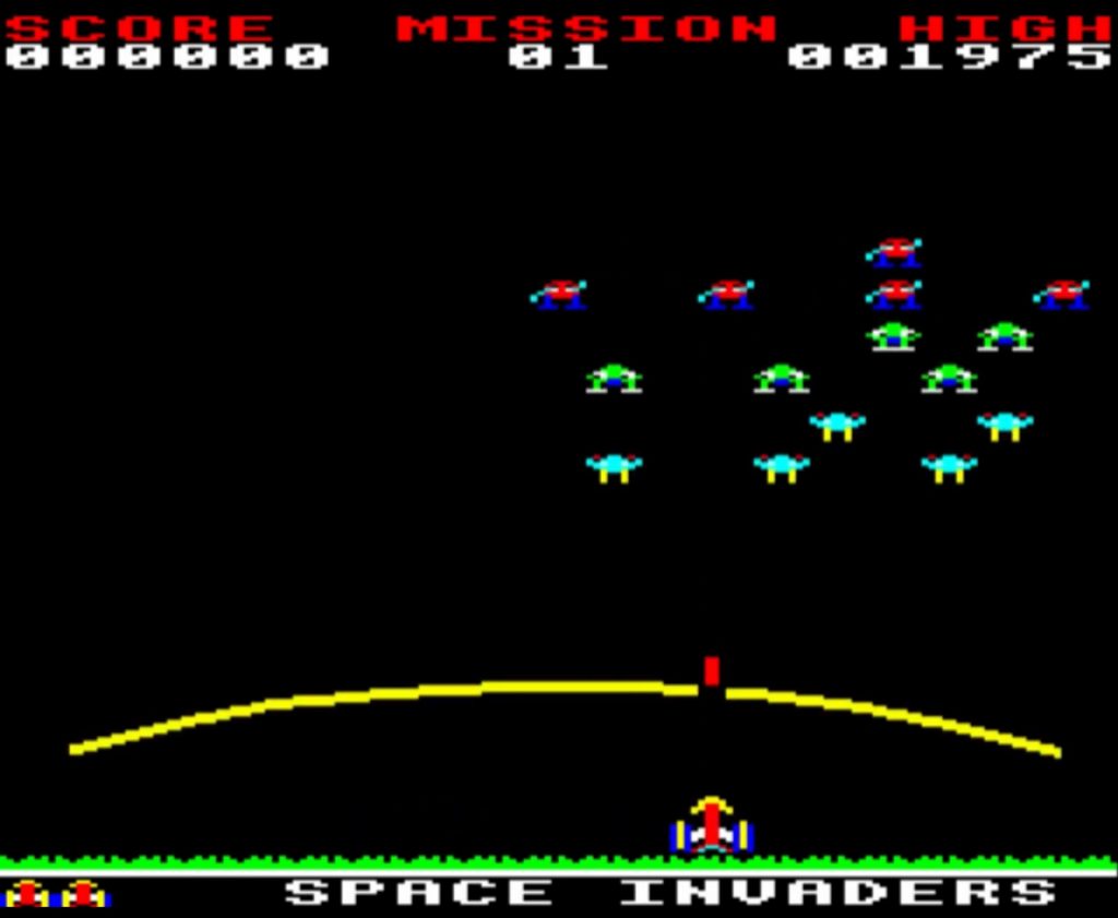 Gorf Space Invaders mission: rows of aliens above a yellow force field and the player ship