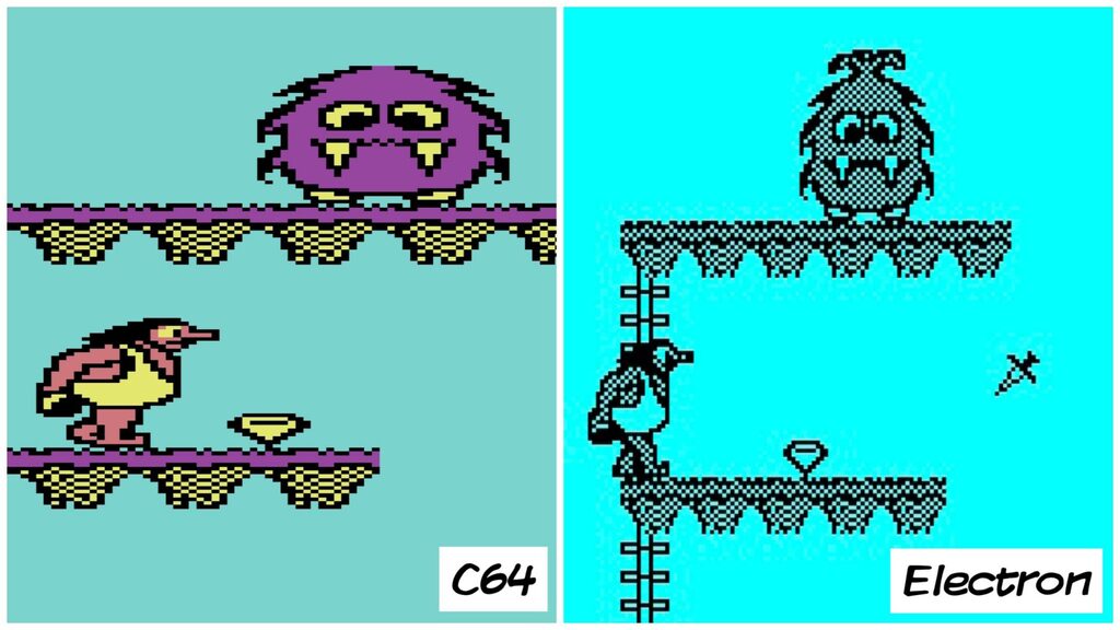 Screenshot of Frak on C64 and Electron compared