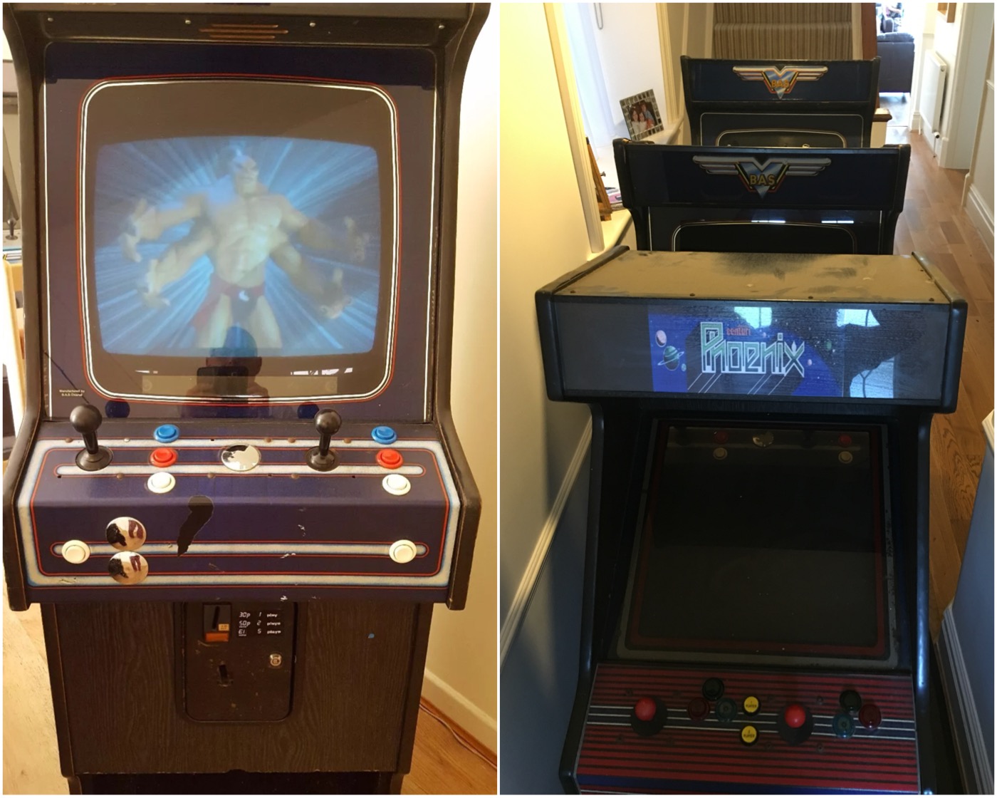 Arcade cabinets lined up for restoration